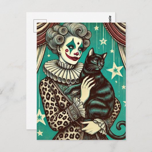 Circus Clown-Frau und eine schwarze Katze Postkarte (Vorne/Hinten)