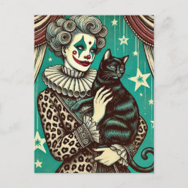 Circus Clown-Frau und eine schwarze Katze Postkarte