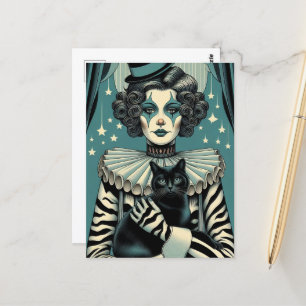 Circus Clown-Frau und eine schwarze Katze Postkarte
