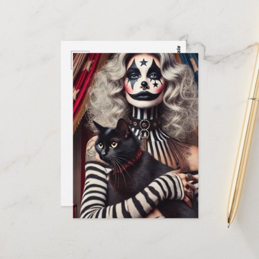 Circus Clown und ein schwarzes Kitty Postkarte (Vorderseite/Rückseite Beispiel)