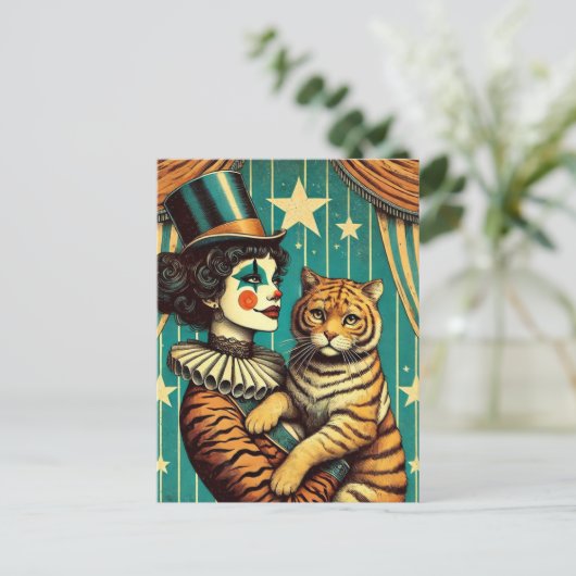 Circus Clown und eine Tiger Kitty Postkarte (Stehend Vorderseite)