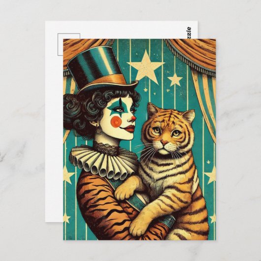 Circus Clown und eine Tiger Kitty Postkarte (Vorne/Hinten)