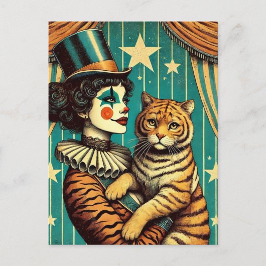 Circus Clown und eine Tiger Kitty Postkarte (Vorderseite)