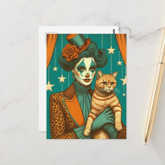 Circus Clown und Ginger Kitty Postkarte (Vorderseite/Rückseite Beispiel)