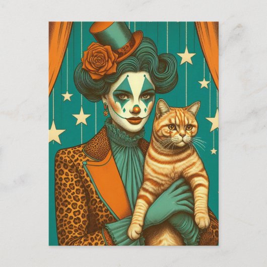 Circus Clown und Ginger Kitty Postkarte (Vorderseite)