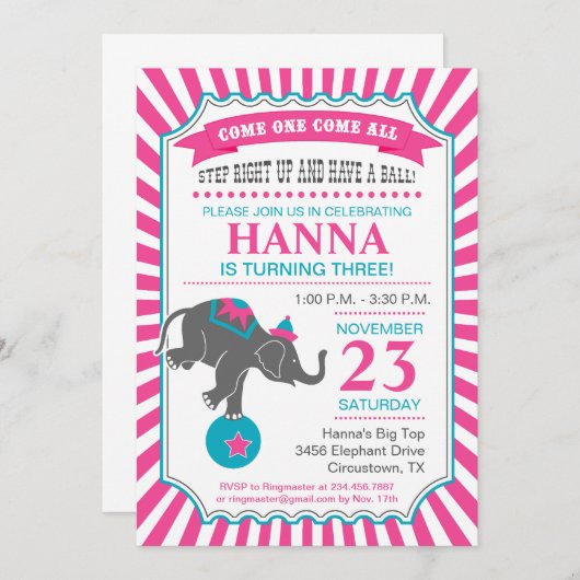 Circus Elephant Geburtstagsparty Einladung (Vorne/Hinten)