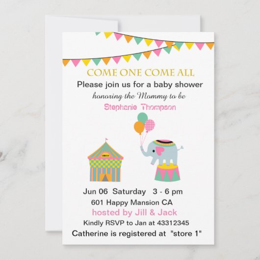 Circus Elephant mit Banting Baby Dusche Einladung (Vorderseite)