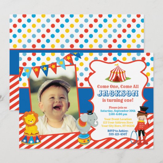 Circus Geburtstag Einladung mit Foto (Vorne/Hinten)