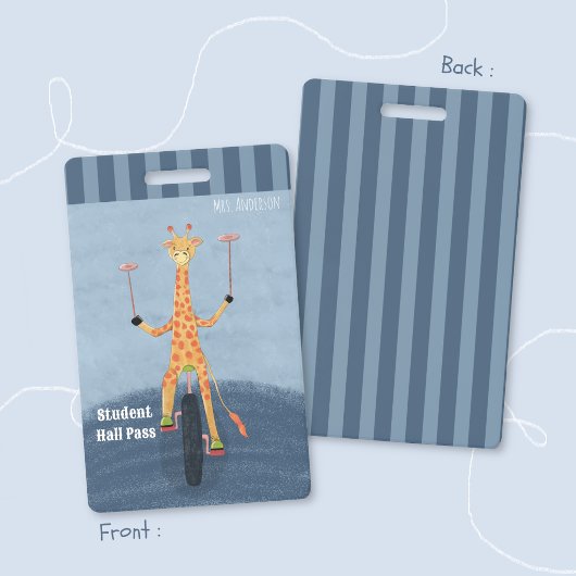 Circus Giraffe Blue Student Hall Pass Badge Ausweis