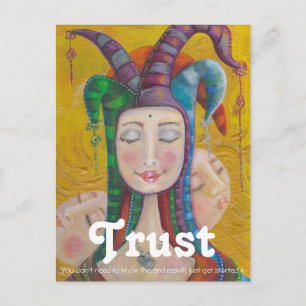 Circus Girl Jester  Carnival Postcard TRUST Zitat Postkarte