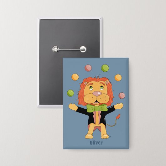 Circus Juggling Lion Kid Blue Button with Name (Vorderseite/Rückseite)
