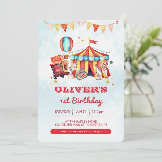 Circus Karneval 1. Geburtstag Foto Einladung (Stehend Vorderseite)