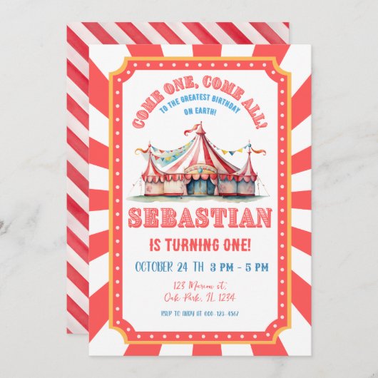 Circus Karneval 1. Geburtstag Party Einladung (Vorne/Hinten)