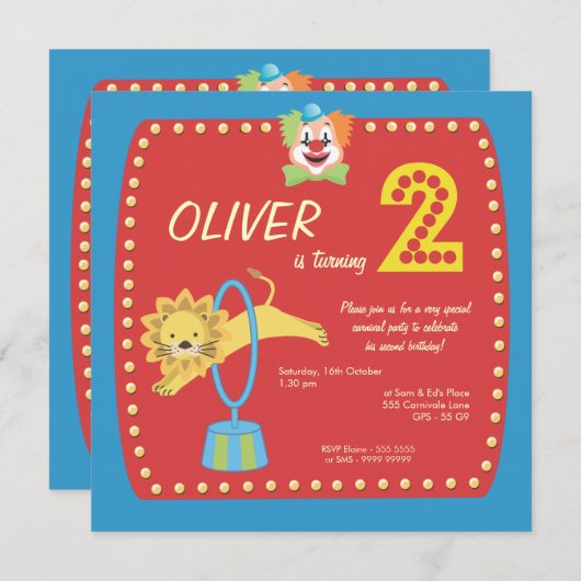 Circus Karneval Clown Zweites Party Einladung (Vorne/Hinten)