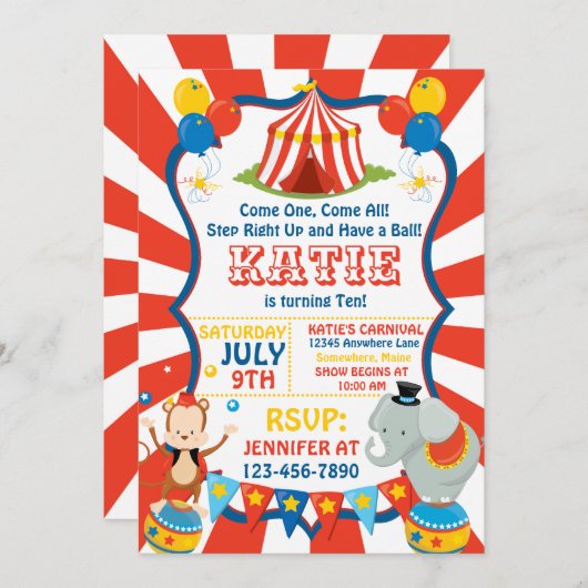 Circus Karneval Elefant Einladung zum Geburtstag (Vorne/Hinten)