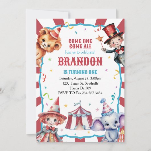 Circus Karneval Festival 1. Geburtstag Einladung (Vorderseite)