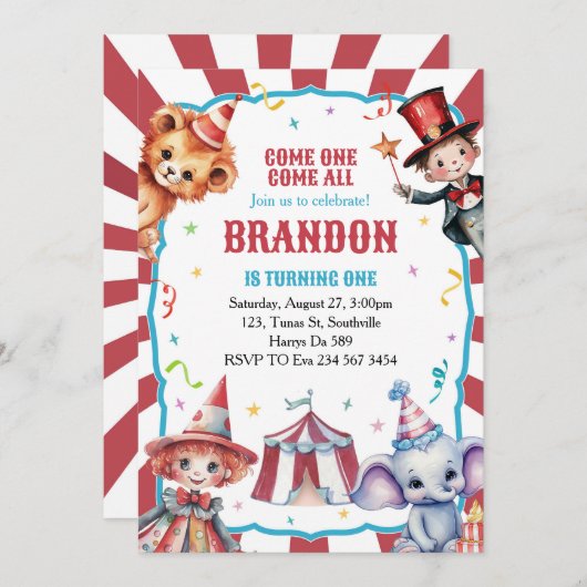 Circus Karneval Festival 1. Geburtstag Einladung (Vorne/Hinten)
