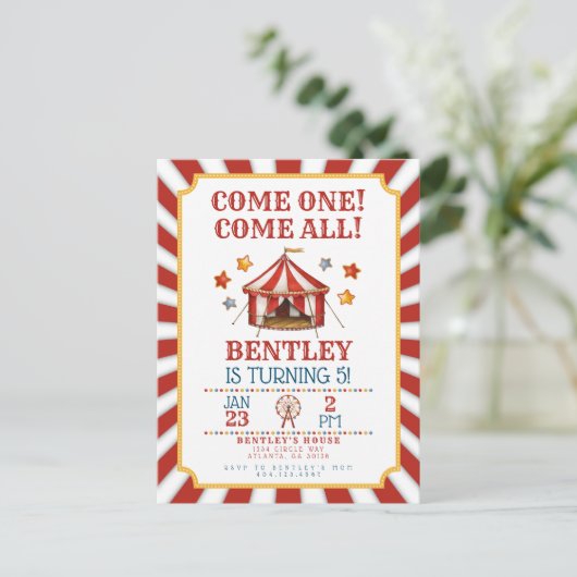 Circus Karneval Geburtstagseinladung Postkarte (Stehend Vorderseite)
