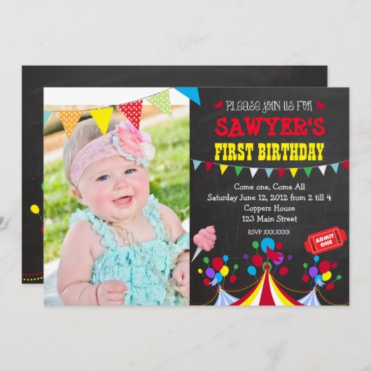 Circus Karneval Geburtstagsparty Einladung (Vorne/Hinten)