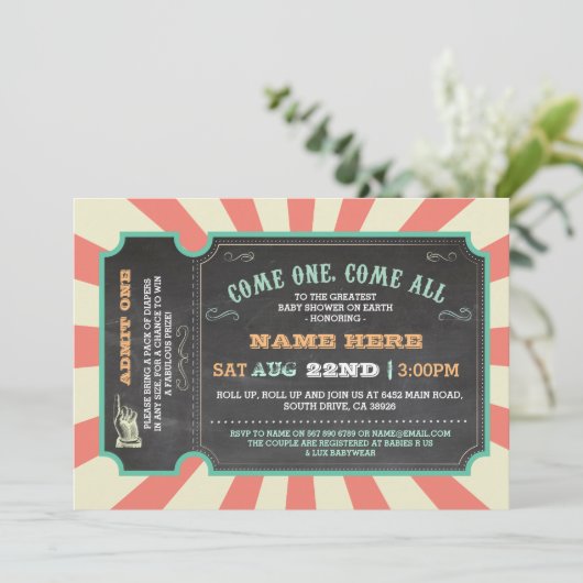 Circus Karneval Ticket Kinderdusche Einladung (Stehend Vorderseite)