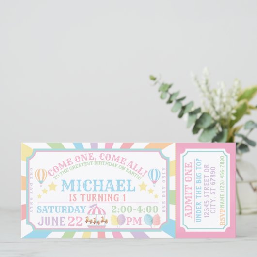 Circus Karneval Ticket zum Geburtstag Einladung (Stehend Vorderseite)