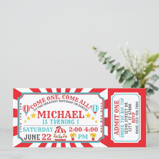 Circus Karneval Ticket zum Geburtstag Einladung (Stehend Vorderseite)