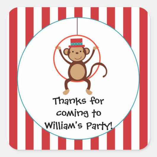 Circus Monkey Birthday Party Sticker (Vorderseite)