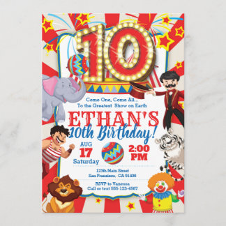 Circus Party Einladung für den 10. Geburtstag