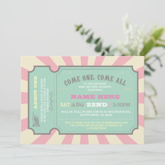 Circus Ticket Pink Kinderdusche Einladung (Stehend Vorderseite)