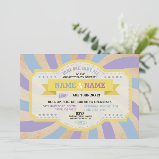 Circus Twins Geburtstagsparty Einladung (Stehend Vorderseite)