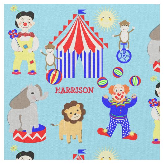 Circus Zelt Cartoon Clowns & Tiere Personalisiert Stoff (Nahaufnahme)