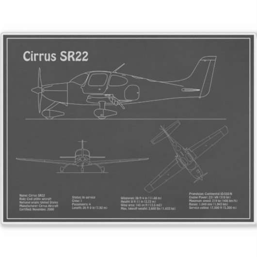 Cirrus SR22 - Flugzeugkonzept Zeichnend Pläne PD Aufkleber (Vorderseite)