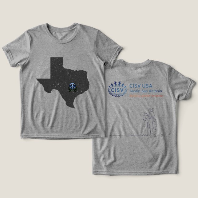 CISV Austin Texas Cowboy Kinder Tri-Blend Shirt (Design Vorderseite & Rückseite)