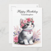 Cite Kitten Pink Roses Grandtochter Feiertagspostkarte (Vorne/Hinten)