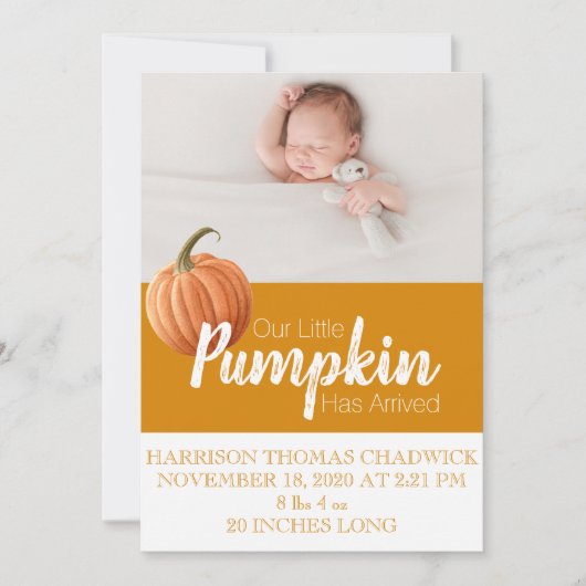 Citrine Fall Harvest Pumpkin Single Foto Baby Ankündigung (Vorderseite)