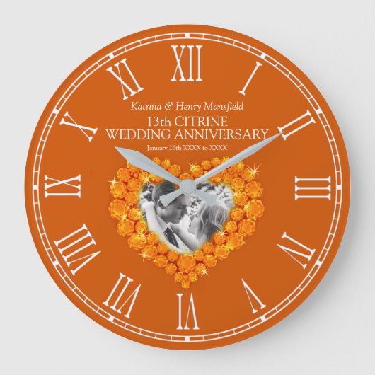 Citrine Foto Herz 13. Hochzeitstag Große Wanduhr (Vorderseite)
