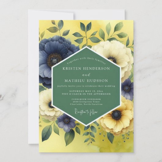 Citron Indigo Bloom Hochzeit Einladung (Vorderseite)