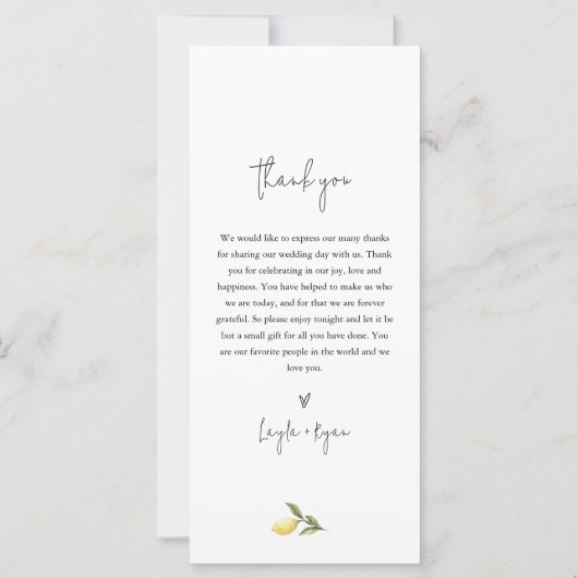 CITRON Lemon Citrus Wedding Dinner Menü (Rückseite)