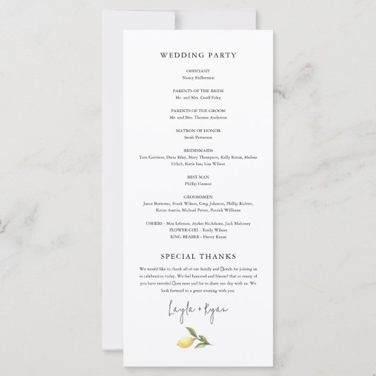 CITRON Lemon Citrus Wedding Programm (Rückseite)