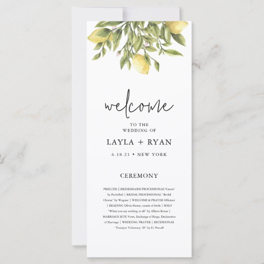 CITRON Lemon Citrus Wedding Programm (Vorderseite)