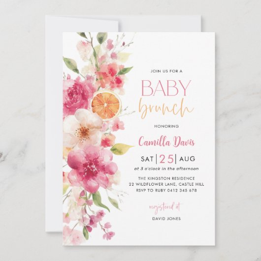 Citrus Baby Brunch, Lemon Bright Floral Einladung (Vorderseite)