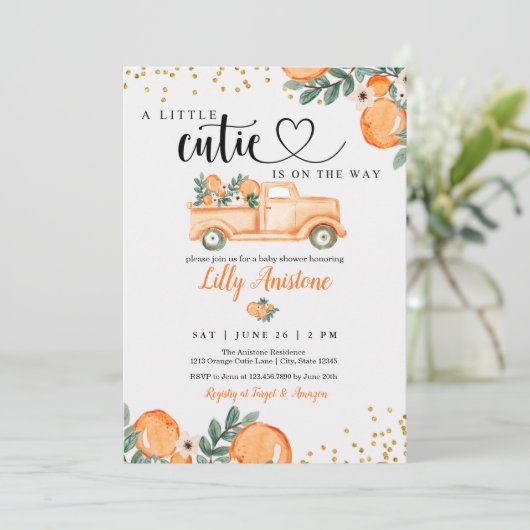Citrus Baby Shower Botanical Orange Kleine Süsse Einladung (Stehend Vorderseite)
