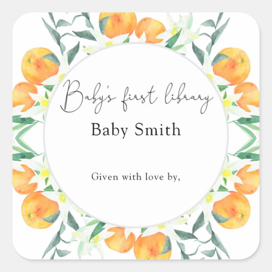 Citrus - Babydusche Buchzeichen, Babybücher Quadratischer Aufkleber (Vorderseite)