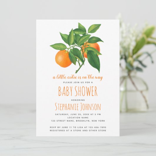 Citrus Babydusche Eine kleine Süsse ist unterwegs Einladung (Stehend Vorderseite)
