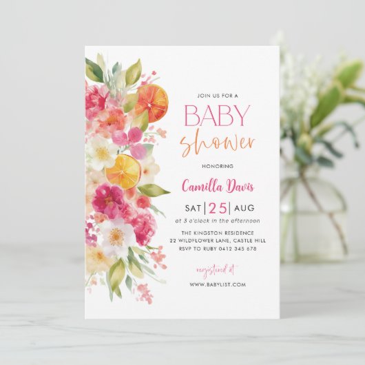 Citrus Babydusche, helle Blüte Mittelmeer Einladung (Stehend Vorderseite)