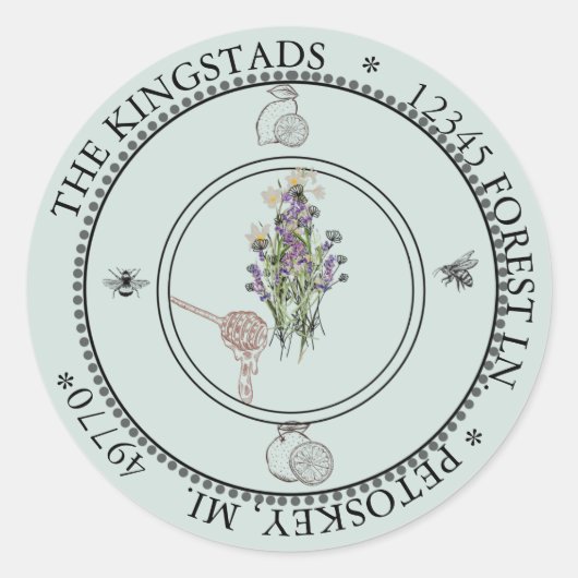 citrus bee on flower address label round custom runder aufkleber (Vorderseite)