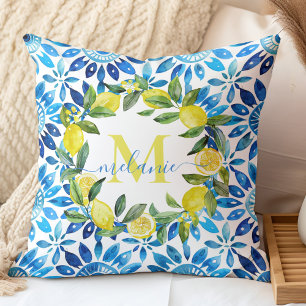 Citrus & Blue Tiles Individuelle Name Monogram Kissen