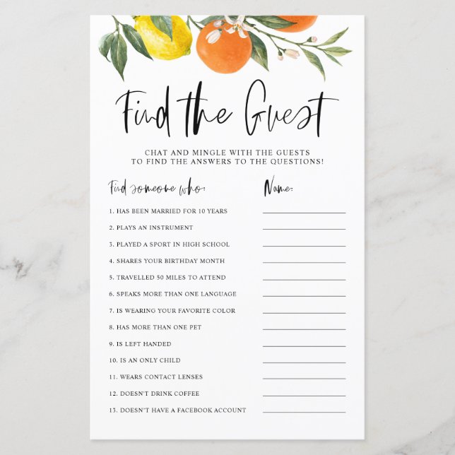Citrus Botanical Find the Guest Shower Game Card (Vorderseite)