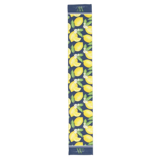 Citrus Botanical Lemon Elegant Monogram Navy Großer Tischläufer (Vorderseite)