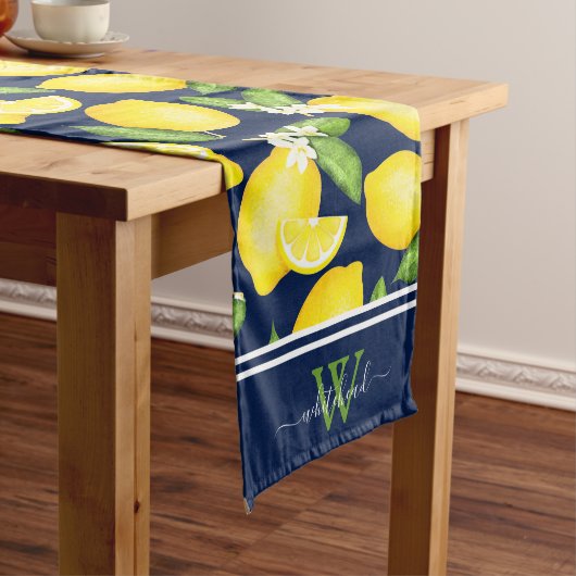 Citrus Botanical Lemon Elegant Monogram Navy Großer Tischläufer (Beispiel)